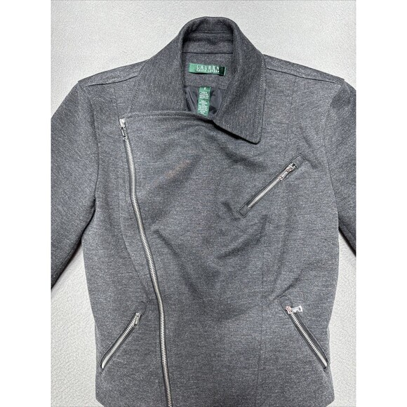 Lauren Ralph Lauren Jacket Womens Small Gray Herringbone Moto Biker Wool Blend - Picture 2 of 14